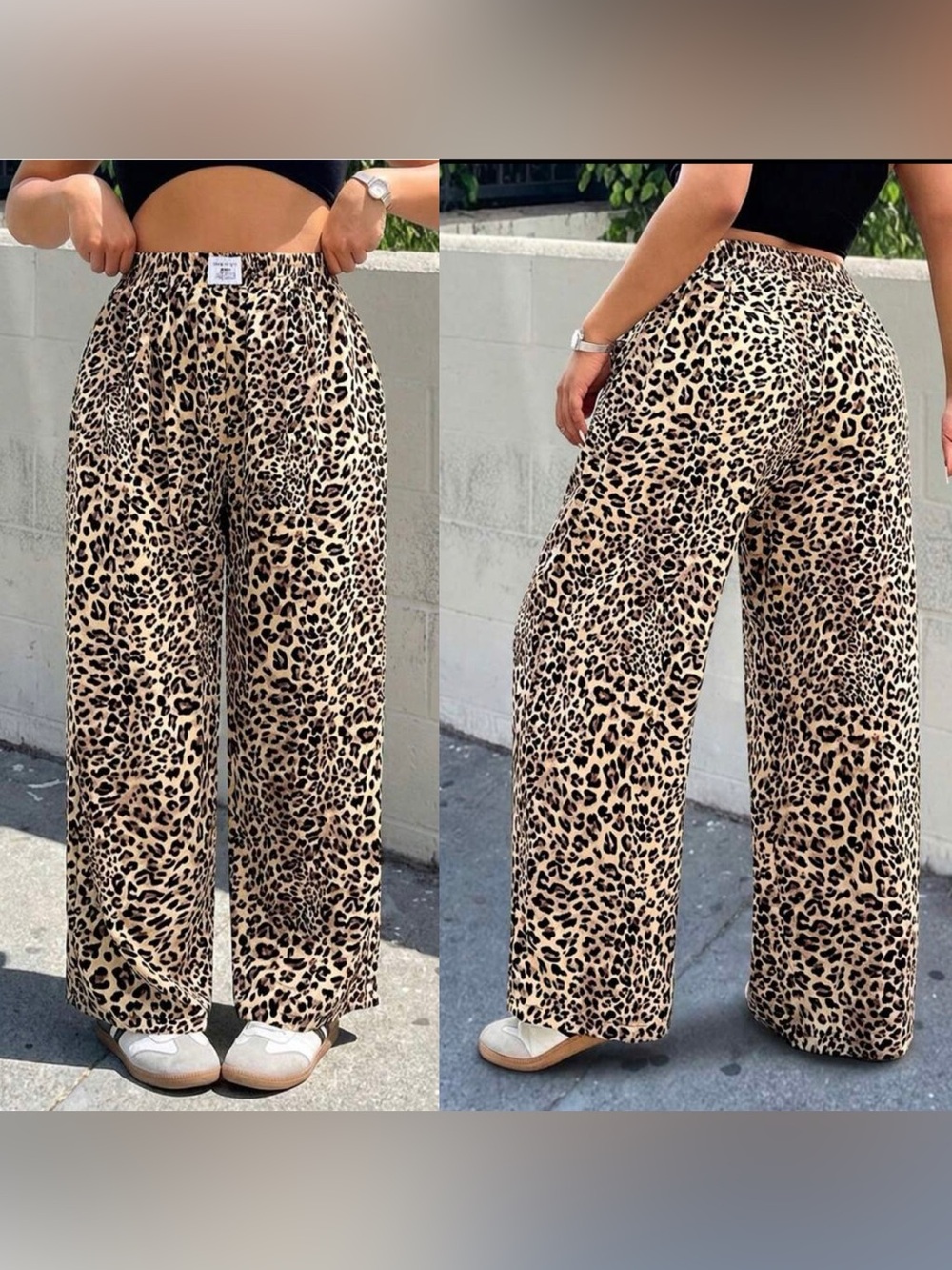SHEINCurve Beige Leopard Print Wide-Leg Pants